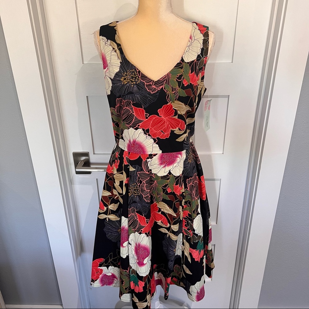 Black and Floral NWT Vera Fit & Flare Eva Rose Dress - Size Large